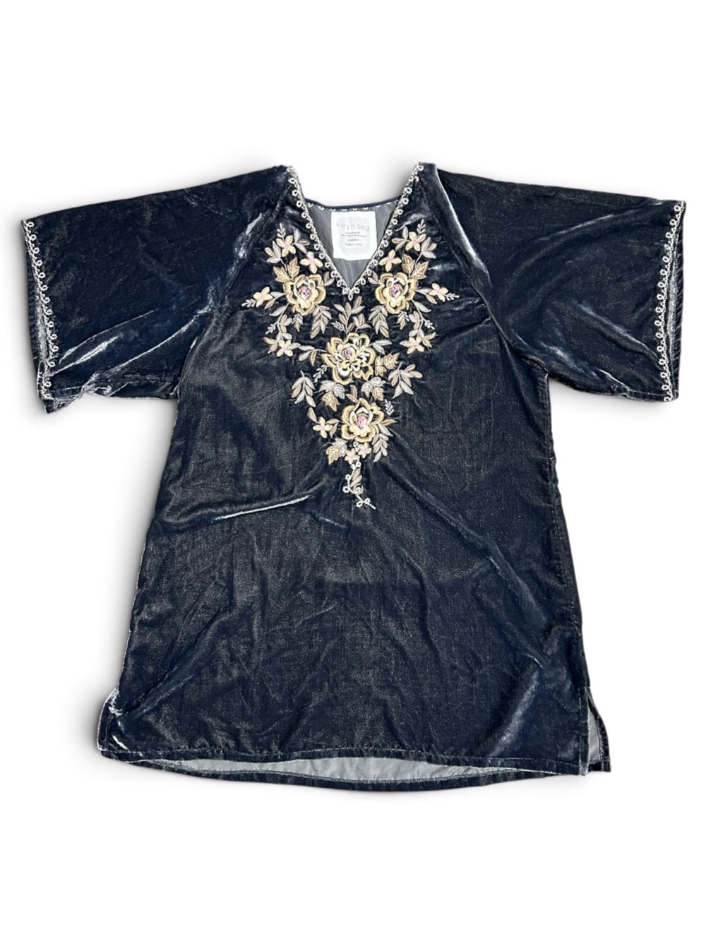 Karyn Seo Handmade Velvet V-Neck Tunic with Floral Embroidery Gray Oversized
